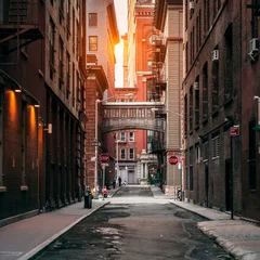 Tischdecke New Yorker Straße bei Sonnenuntergang. Alte malerische Straße im TriBeCa-Viertel in Manhattan. © Nick Starichenko