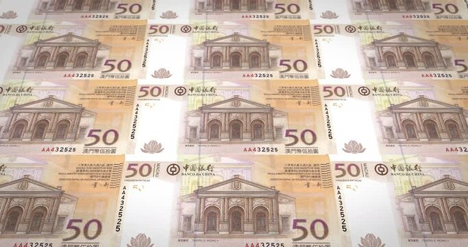 Banknotes of fifty macanese patacas of Macau rolling, cash money, loop