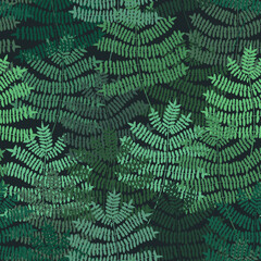 Fern motif nand drawn pattern. Green forest. Seamless pattern. Vector background.