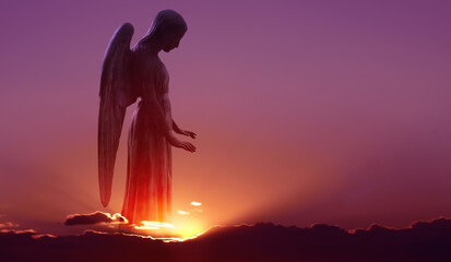 Angel in heaven over purple sky background