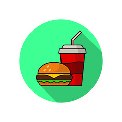 Hamburger and cola flat icon, long shadow in circle. Vector illustration.