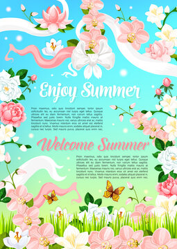 Summer flowers, floral bouquets vector poster