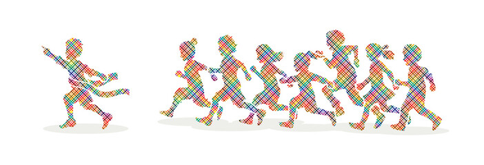 The winner Group of children running marathon, little boy and girl play together, team work , Friendship designed using colorful pixels graphic vector