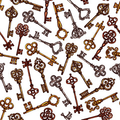 Vector seamless pattern of sketch vintage keys