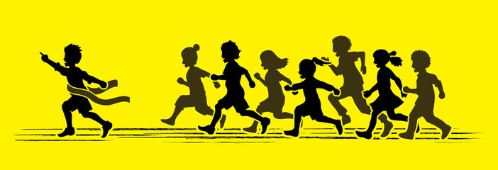 The winner Group of children running marathon, little boy and girl play together, team work , Friendship graphic vector