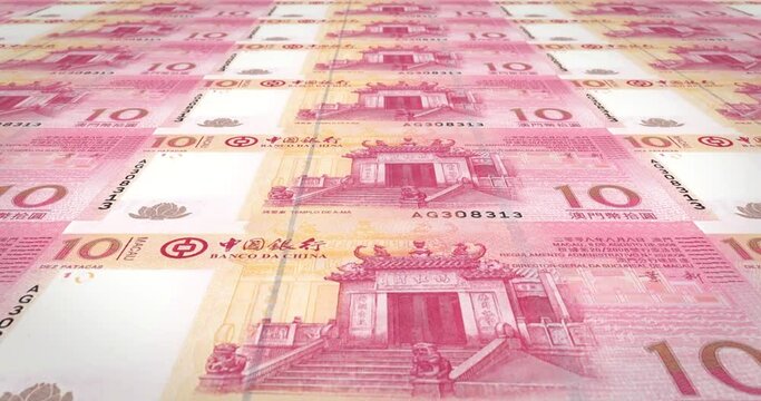 Banknotes of ten macanese patacas of Macau rolling, cash money, loop