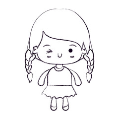 blurred thin silhouette of kawaii little girl with braided hair and facial expression wink eye vector illustration