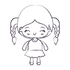 blurred thin silhouette of kawaii little girl with braided hair and facial expression happiness with closed eyes vector illustration
