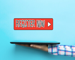 Register Now concept with a tablet