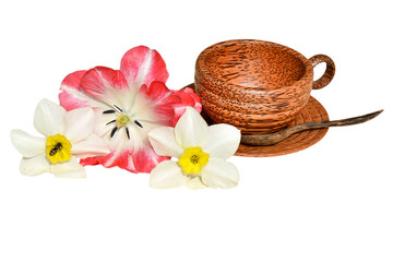 Wooden mug with flowers of tulips and daffodils on an isolated background