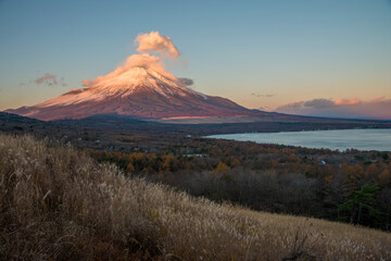 Fuji mountain and Yamanakako lake in autumn season.