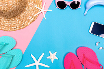 Summer and beach objects theme on a vibrant background