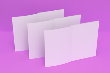 Three blank white open brochure mock-up on violet background