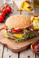 Burger, hamburger with french fries Cutting board.