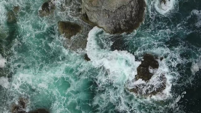 Top close giant waves mountains ocean Far East marine reserve. Vladivostok unique national Park Primorsky krai best of Russia nature. Stormy dark clouds. Epic cinematic aerial drone flight 4k ultrahd.