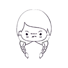 blurred thin silhouette of kawaii head little girl with braided hair and facial expression angry vector illustration