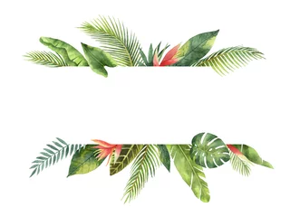 Fototapeten Watercolor banner tropical leaves and branches isolated on white background. © ElenaMedvedeva
