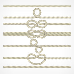 Set of different knots and loops on ropes white, nautical