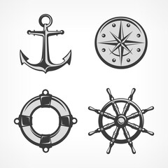 Naklejka premium Symbole morskie, kotwica, kierownica, kompas, koło ratunkowe.