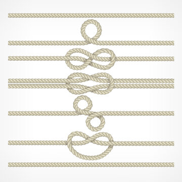 Set of different knots and loops on ropes white, nautical