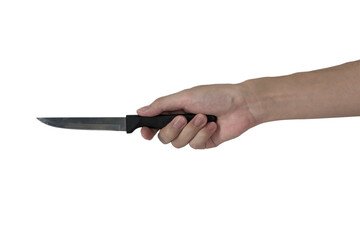small kitchen knife in man hand isolated with white background
