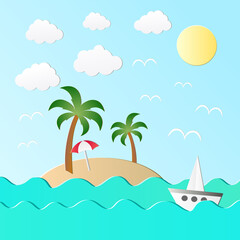 Vector illustration of the sea, sun and palm on the beach. Paper art style.