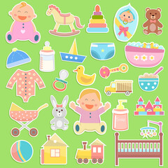 Cute baby icons stickers on checkered background