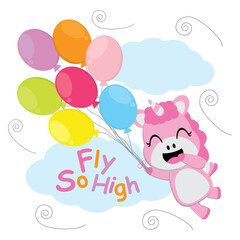 Cute unicorn flies with colorful balloons vector cartoon, Kid postcard, wallpaper, and greeting card, T-shirt design for kids