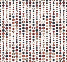 Geometric seamless pattern consisting of colored elements of round shape, located on a white background.