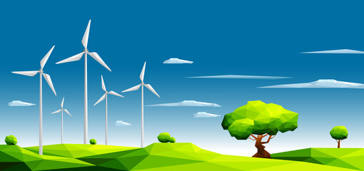 Landscape with wind farm in green fields among trees.Ecology Concept.Polygonal style-Eps10 Vector Illustration.