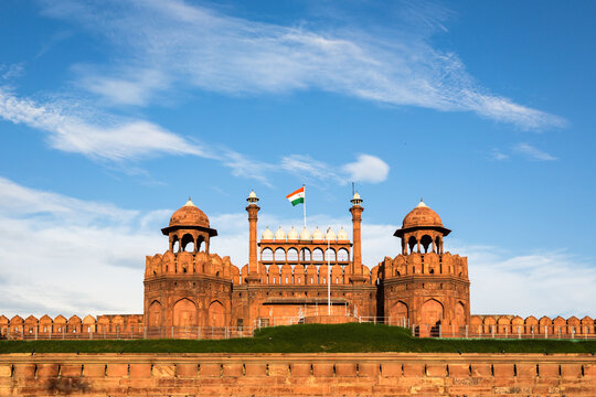 India national flag above the entrance gate of the Red Fort in New Delhi, the country captial city.