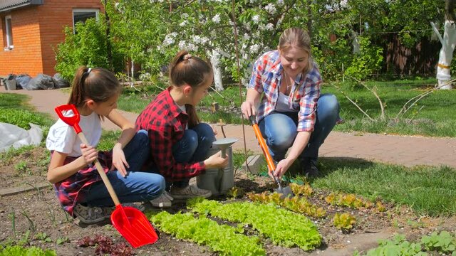 4k footage of young mother teaching daughters working in garden