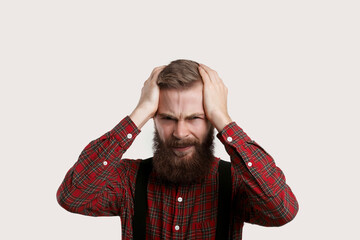 Man feel terrible headache. Sick guy want to go to doctor. Guy dismissed from the job in crisis...