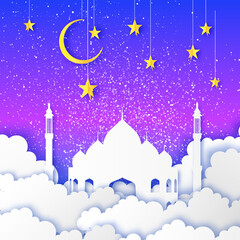 Ramadan Kareem. Arabic Mosque, gold stars, clouds in paper cut style. Crescent Moon. Night sky. Origami Greeting card. Blue background. Vector