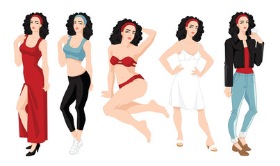 Obraz premium Vector illustration of woman character in different clothes and pose isolated on white background