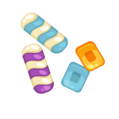 Sweet candies with different tastes in violet, blue, orange colors