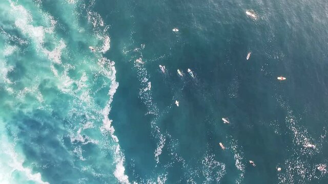 Top view drone shot of surfers paddling in crystal blue ocean water