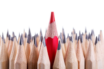 One sharpened red pencil among many ones