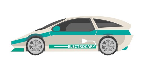 Naklejka premium Modern white electrocar with turquoise stripes isolated illustration