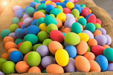 Fototapeta na wymiar a lot of multi color eggs for easter.