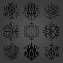 Set of dark snowflakes. Fine winter ornament. Snowflakes collection. Snowflakes for backgrounds and designs