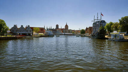 Gdansk old town, Poland. Footbridge through Motlawa under construction,  27 05 2017