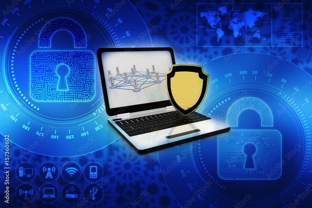Poster 3d rendering laptop with shield