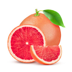 Grapefruit with leaf isolated on white background. With clipping path. Full depth of field.