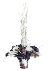 Arrangement from artificial flowers orchids, roses, Christmas balls and maple leaves in vase isolated on white background.
