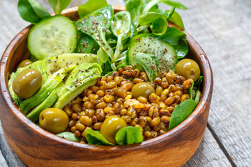Healthy green salad with mung beans. Love for a healthy vegan food concept