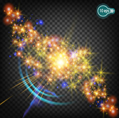 A magical Christmas star on the milky way is a realistic light . Isolated Stars Vector Elements. Transparent pattern of glowing stars for the design of Xmas Holiday greeting cards, Happy New Year.