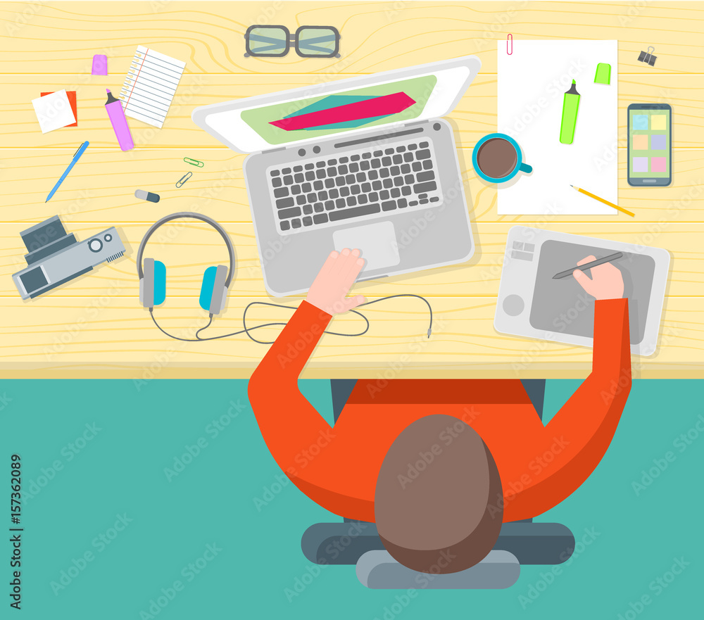 Poster cartoon interior designer workflow with element set. vector