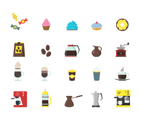 Cartoon Coffee Shop Color Icons Set. Vector