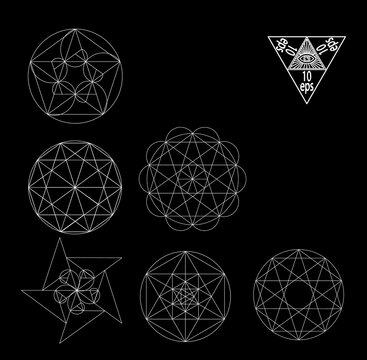 Sacred geometry symbols and signes vector illustration. Hipster tattoo. Flower of life symbol.